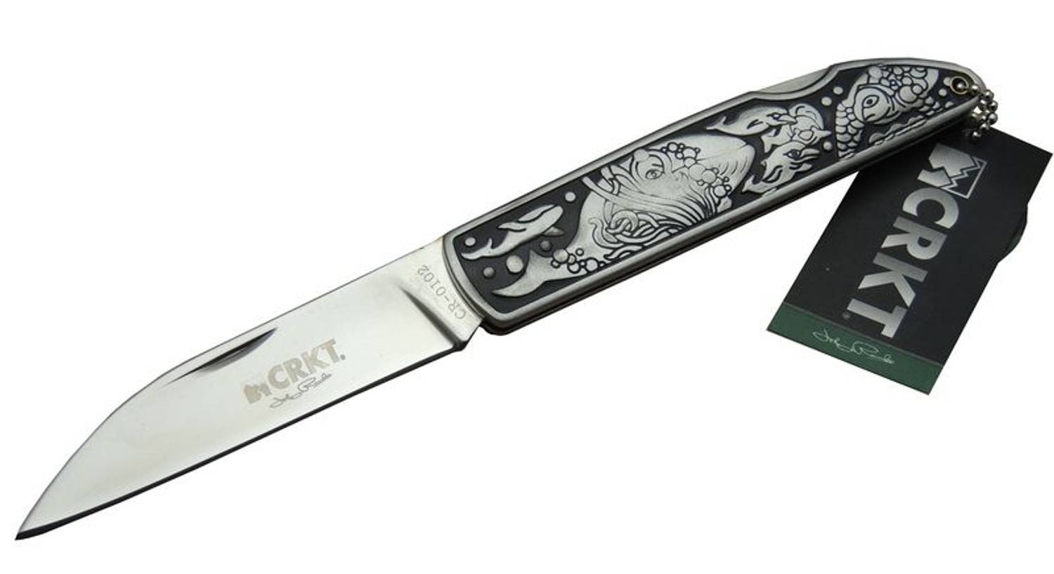 CRKT CR 0102 Kamp Çakı 20 cm - Balık Desenli Metal Sap, Kılıflı, Kutulu