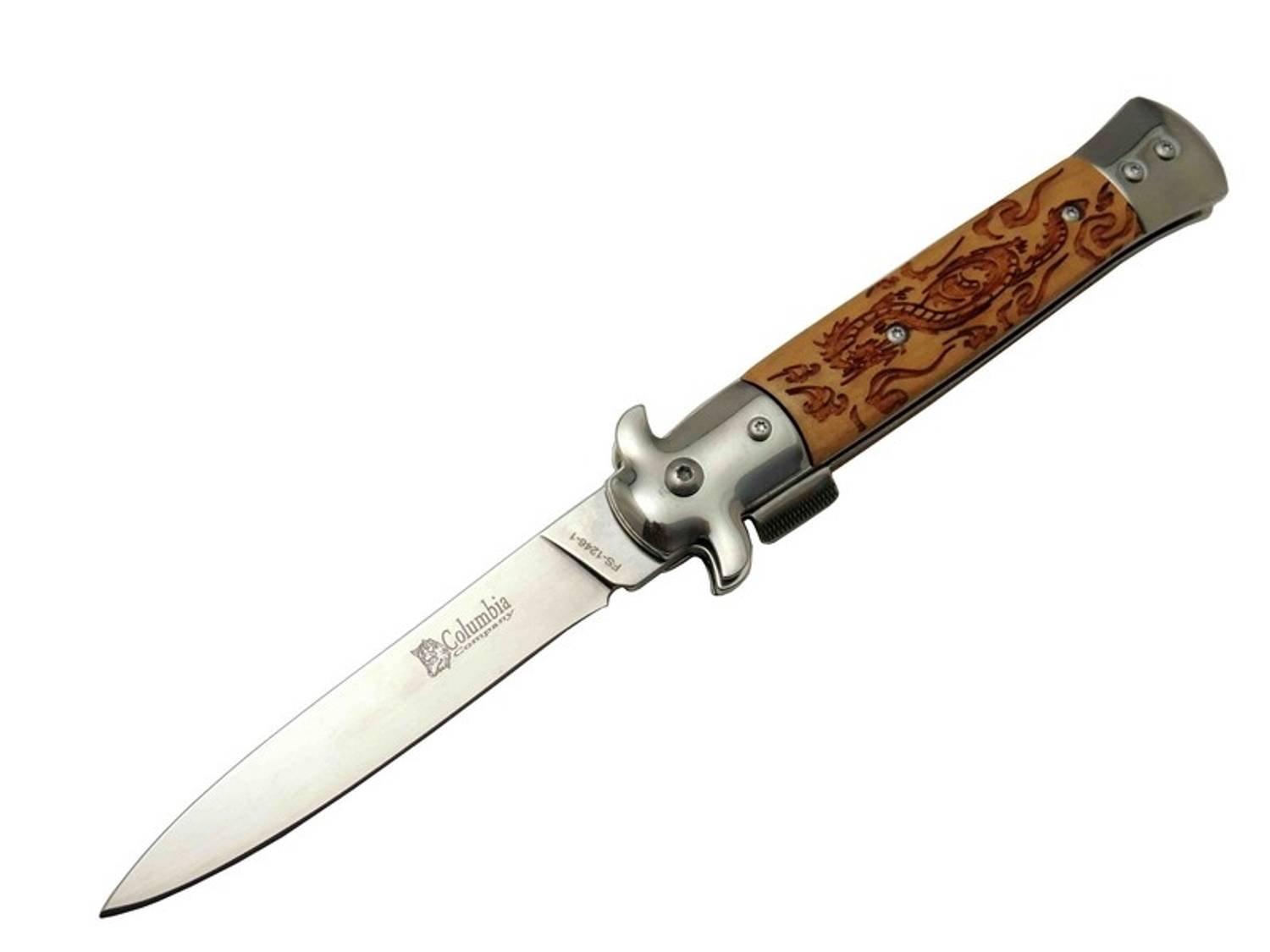 Ніж FS 12461 коричневий 23 см з дерев’яною ручкою з драконами, механізм зі спуском ззаду, з можливістю кріплення на пояс