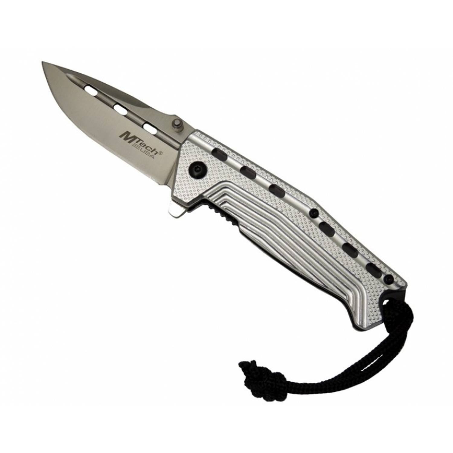 Сірий туристичний ніж 4132, 19,5 см, напівавтоматичний, з зубчастим лезом, в мотузковому дизайні, з можливістю носіння на поясі