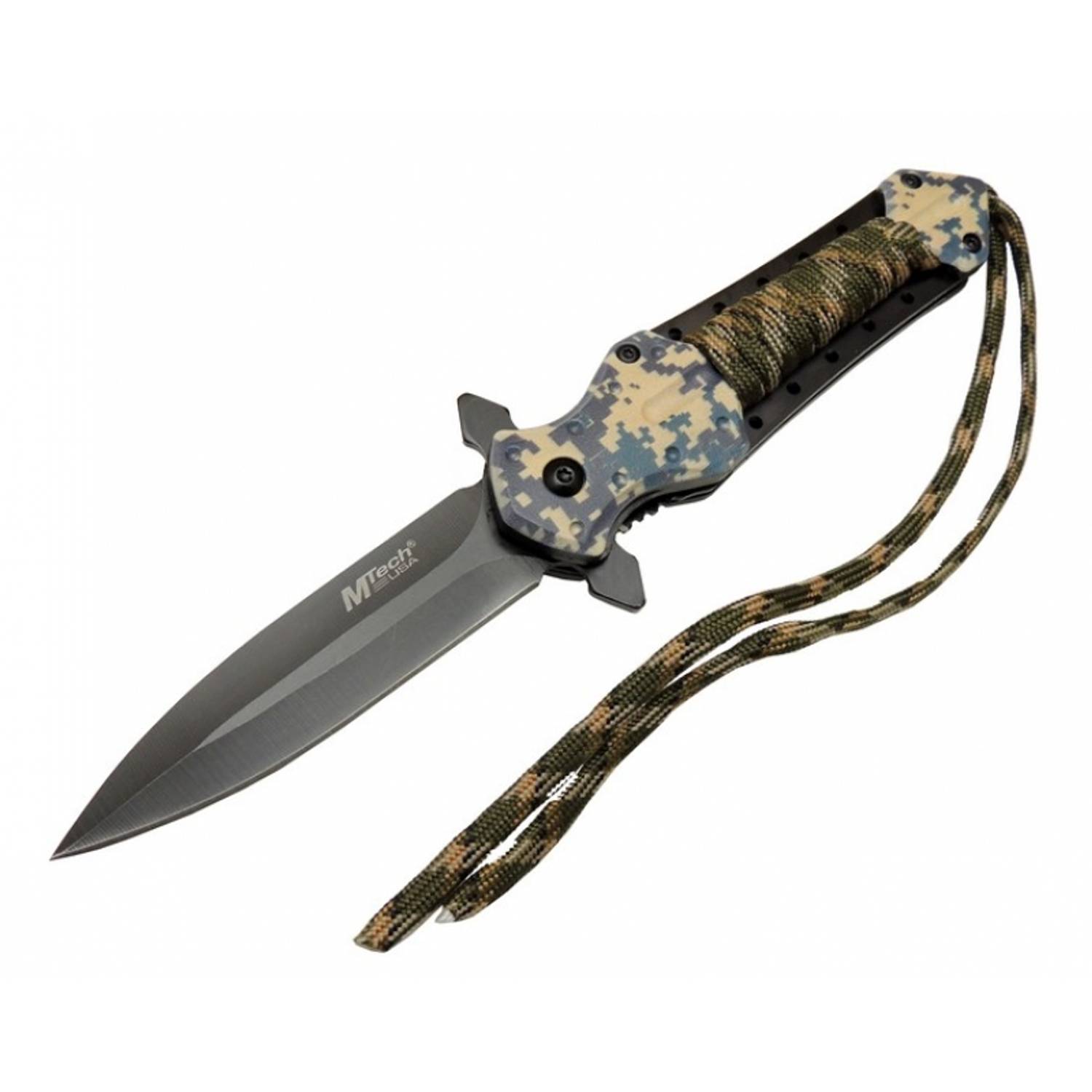 4262 Камуфляжний туристичний ніж 21 см - напівавтоматичний, з мотузкою, для носіння на поясі