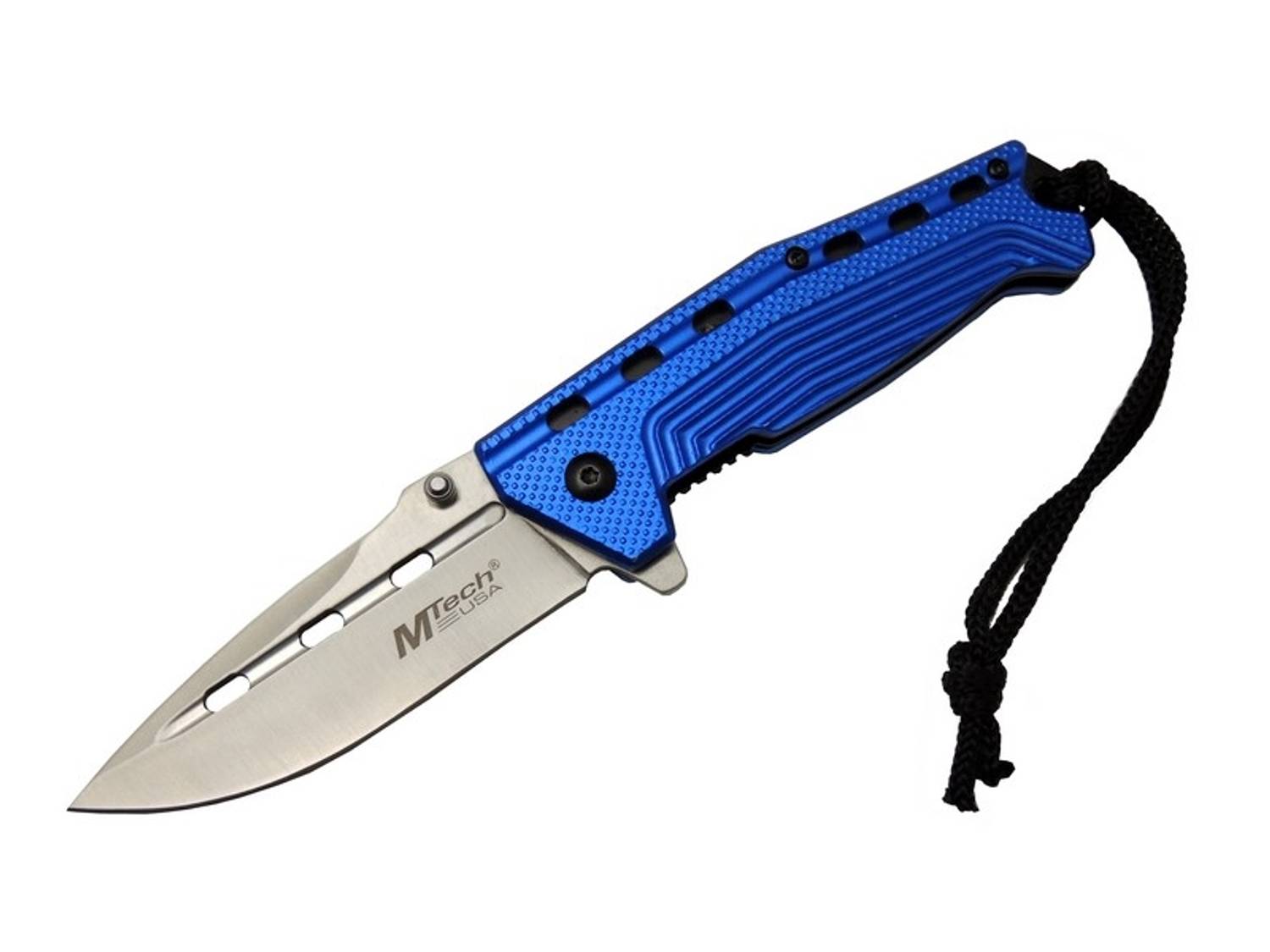 Кемпінговий ніж 4-13-1 синій 19,5 см - напівавтоматичний, зі шкіряним чохлом та шнуром, з рифленою рукояткою