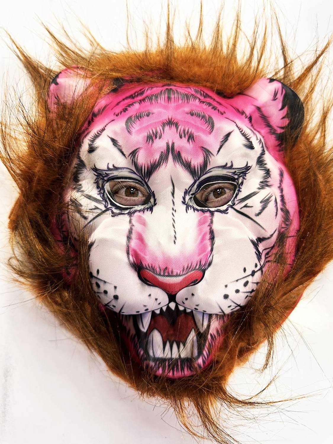 قناع ذئب الوجه الوردي بشعر بني قناع نمر عملاق من الفراء ناعم ومريح للاستخدام متعدد الأغراض
