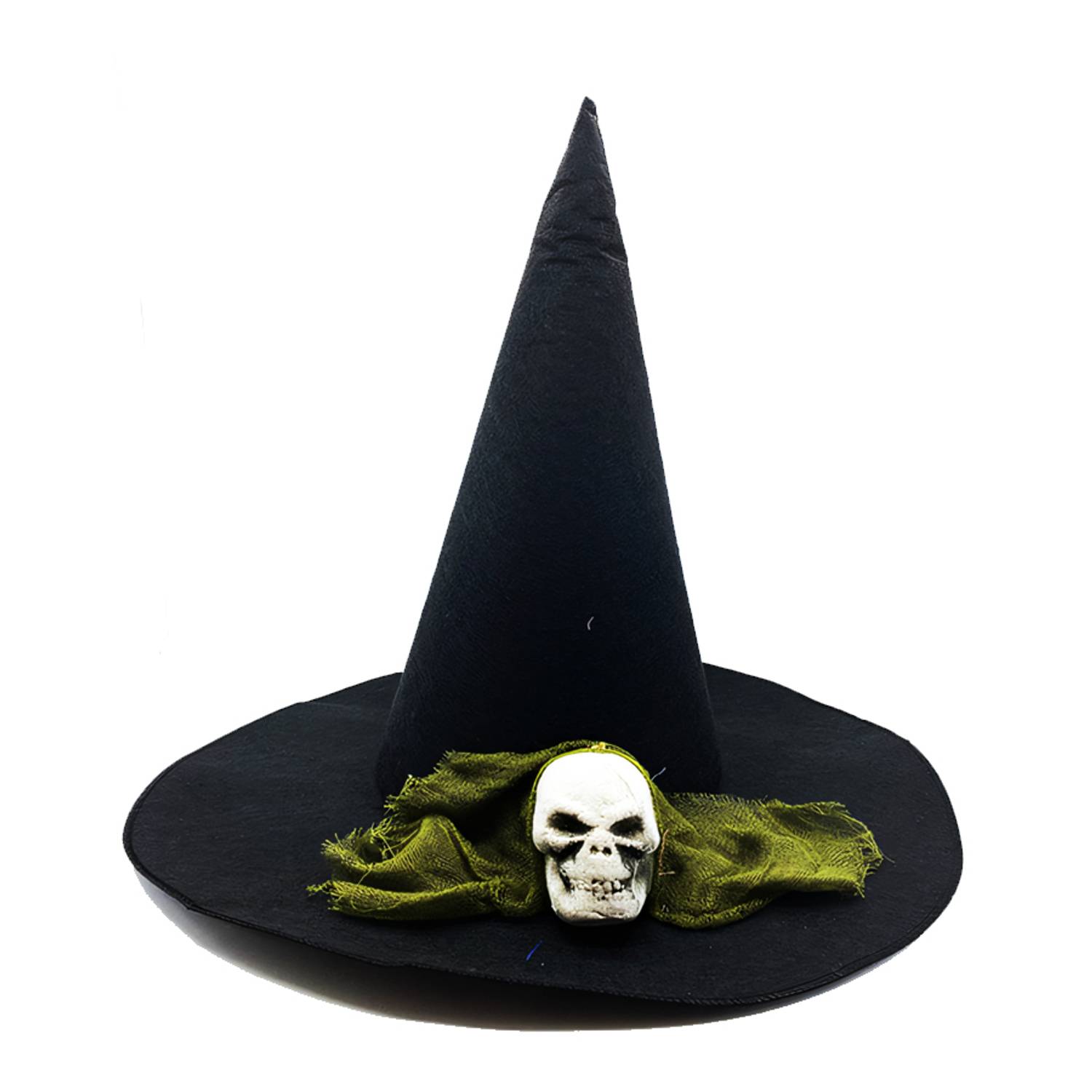 Siyah Renk Yeşil Duvaklı Kuru Kafa Temalı Cadı Şapkası 35x38 cm