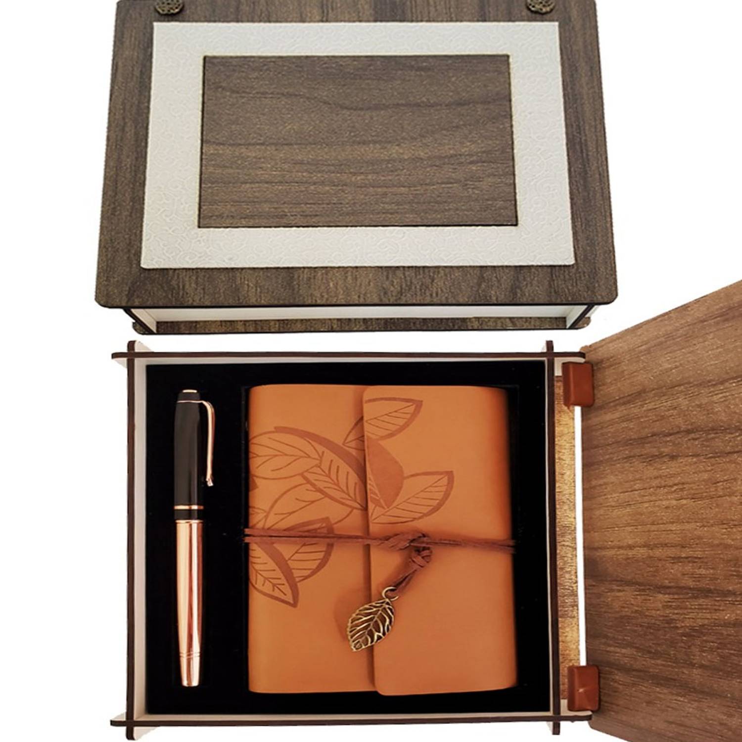 مجموعة دفتر جلد طبيعي وقلم رولر مصنوع من النحاس مع صندوق خشبي فخم ومميزات عالية الجودة