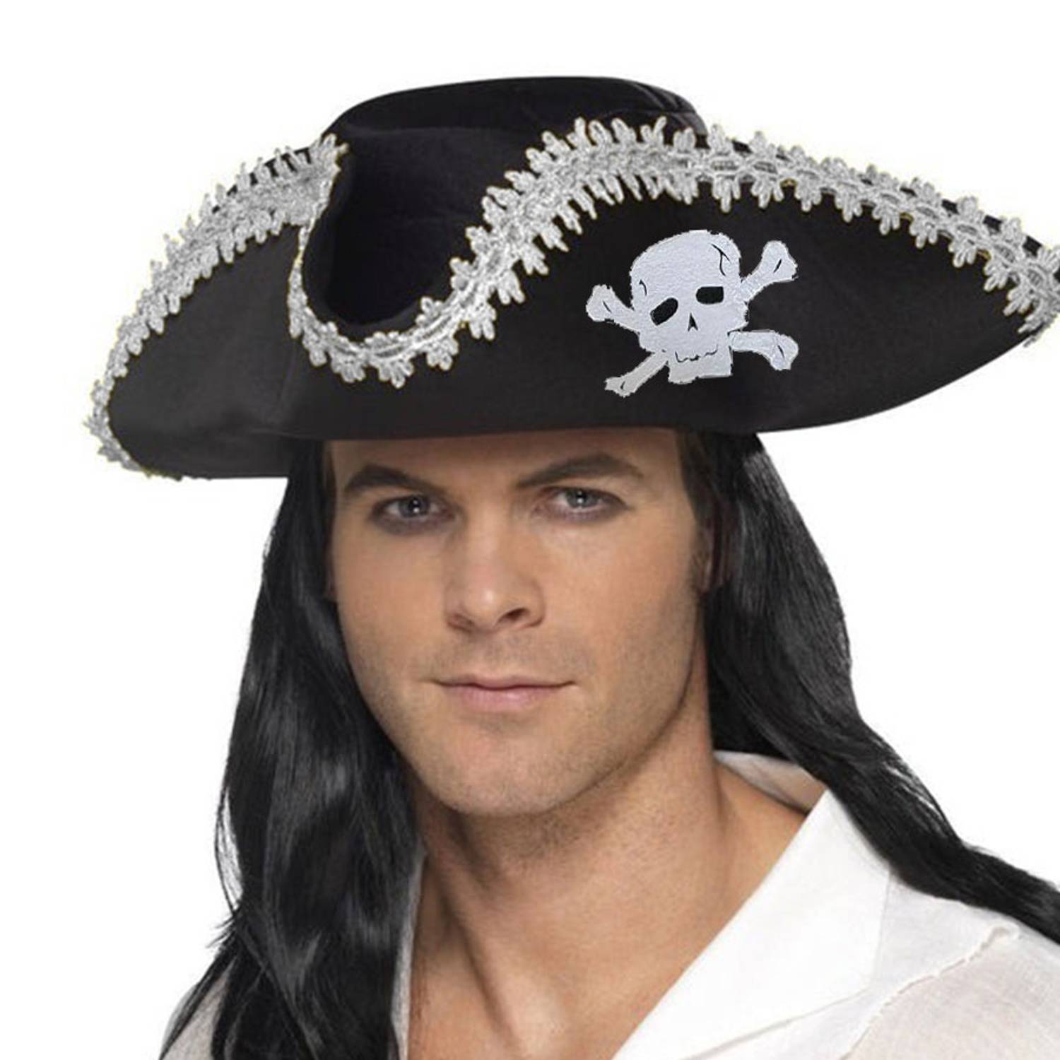 Чорна капелюх-корсар для дорослих з срібними оздобленнями для свят та вечірок