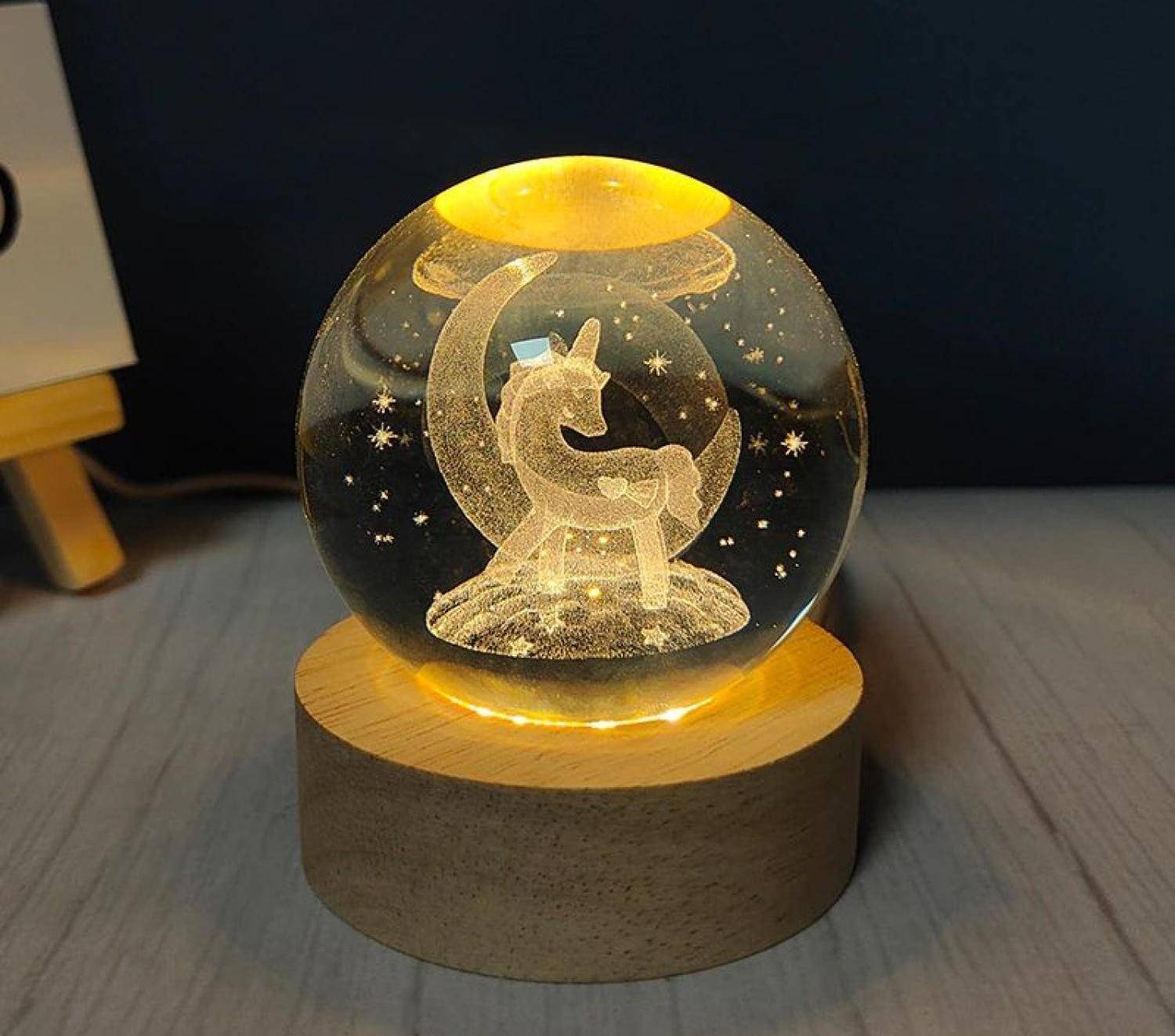 Светящийся стеклянный шар с дизайном единорога 6 см, верх из стекла, основание из дерева, работает от USB, идеальный подарок для ваших близких
