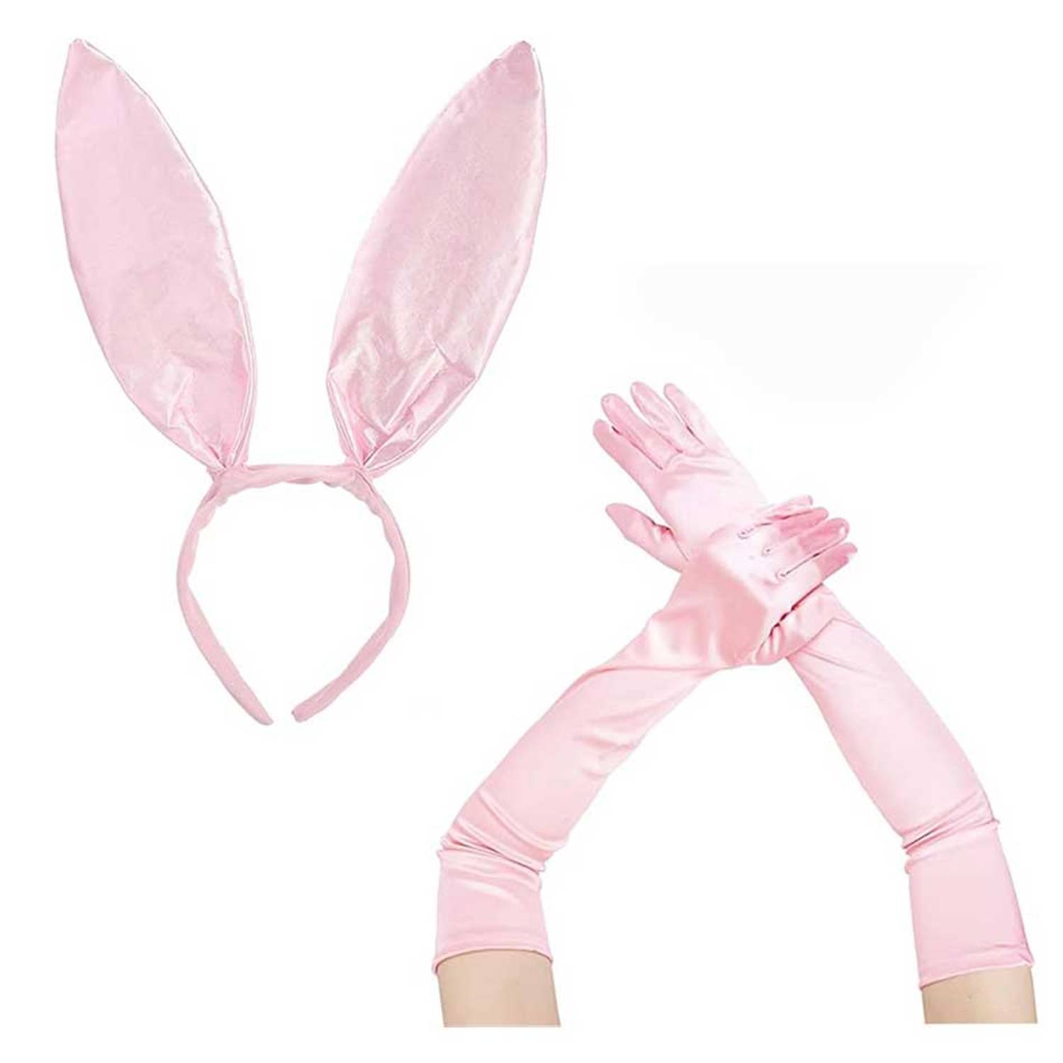 Комплект рожевих сатинових рукавичок 40 см та вух кролика - стильний та веселий аксесуар для святкових подій