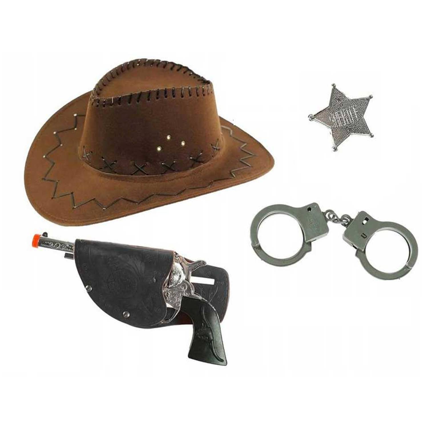 Çocuk Boy Kahverengi Kovboy Şapka Tabanca Rozet ve Kelepçe Seti 4 Parça