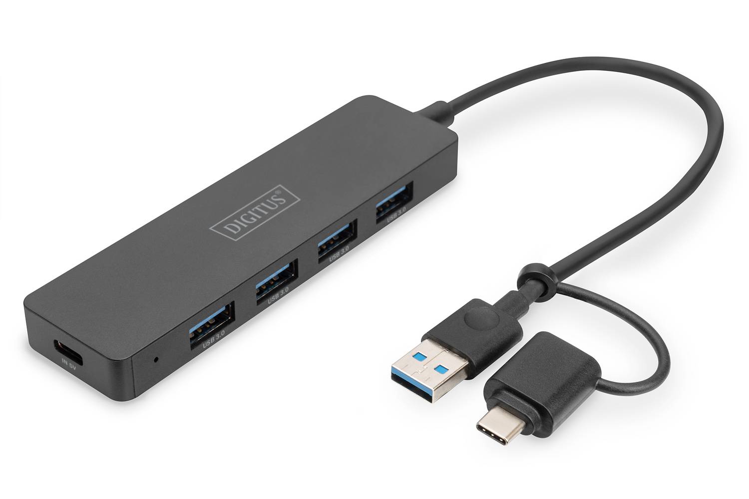 Digitus 4 Port USB 3.0 Hub, İnce Tip, USB-C Adaptörlü, 5Gbps, 0,2 metre kablo&lt;br&gt;Digitus USB 3.0 Hub 4-Port, Slimline with USB-C Adapter, 5Gbps, 0,2m cable