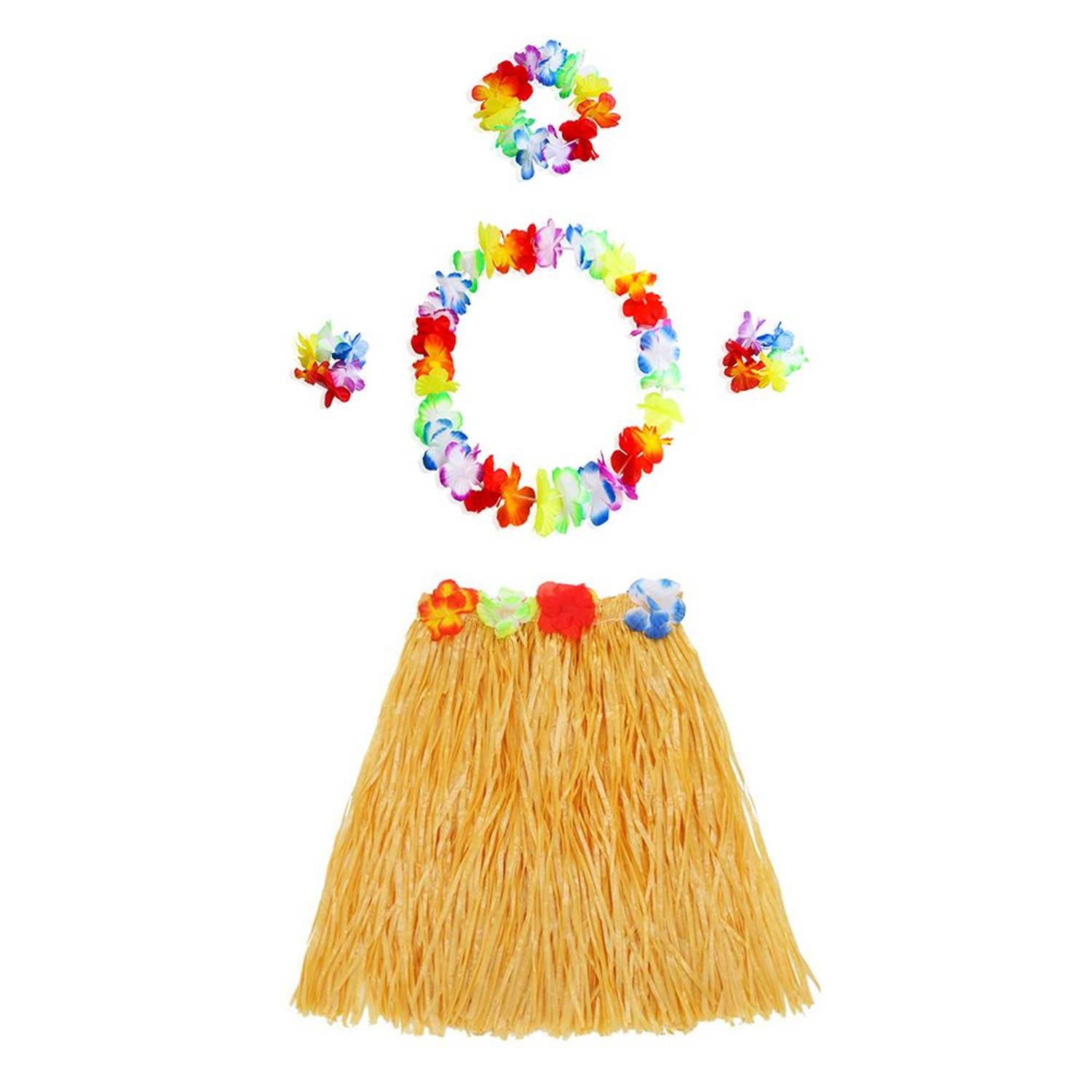 Yetişkin ve Çocuk Uyumlu Luau Aloha Hawaii Turuncu Etek ve Renkli Kolye Taç 2 Adet Bileklik Seti