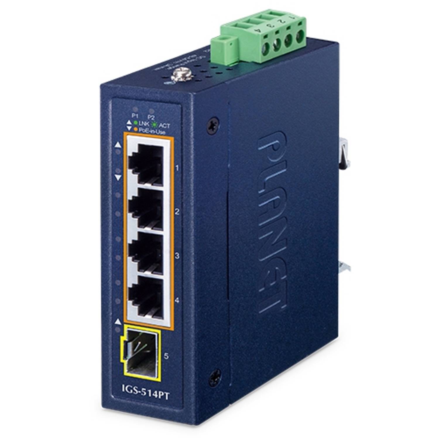 Compact Industrial 4-Port 10/100/1000T 802.3at PoE + 1-Port 100/1000X SFP Ethernet Switch