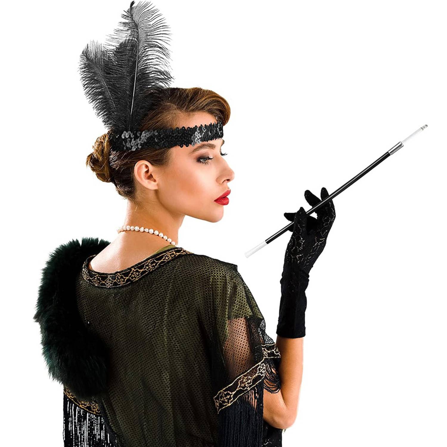 1920'ler Gatsby Aksesuar Seti – Siyah Charleston Saç Bandı & Sigaralık