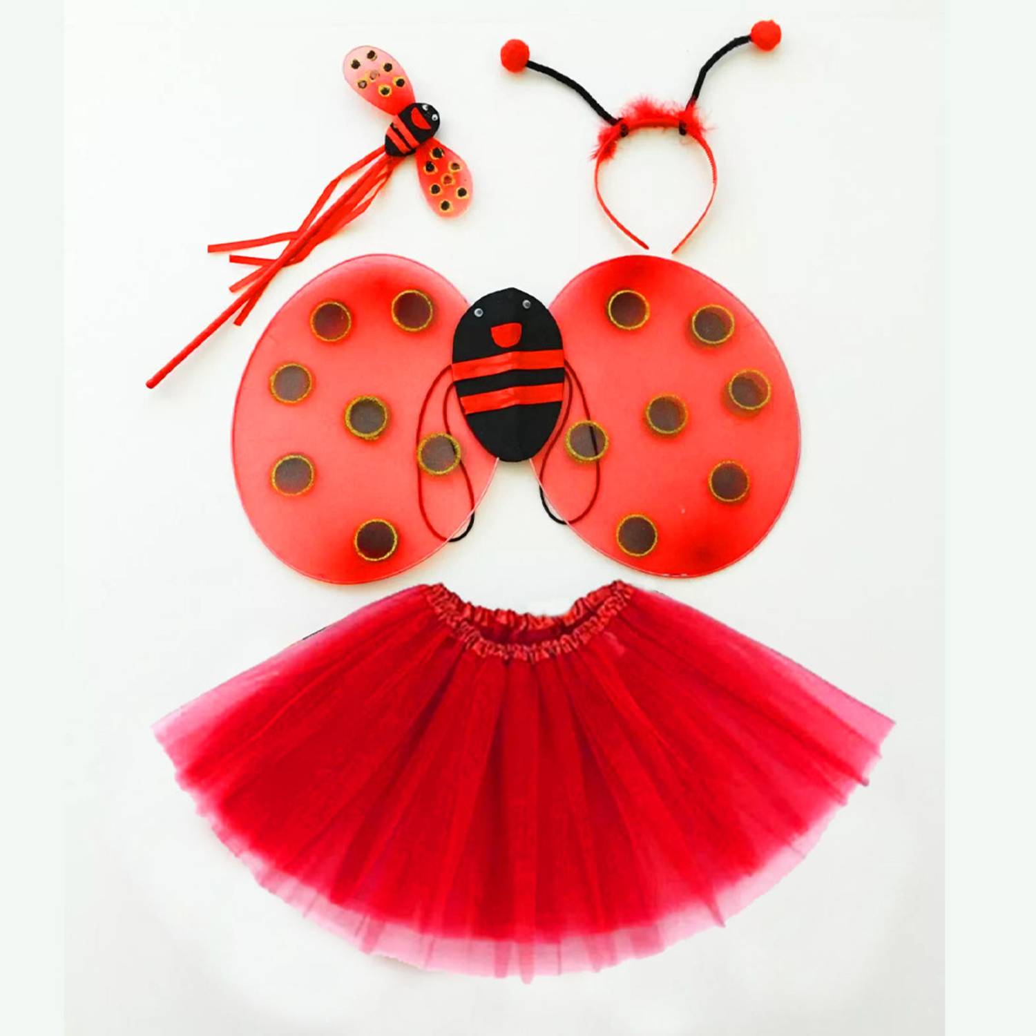 Kırmızı Uğur Böceği Ateş Böceği Kostüm Seti - (Tütü, Kanat, Taç, Asa)