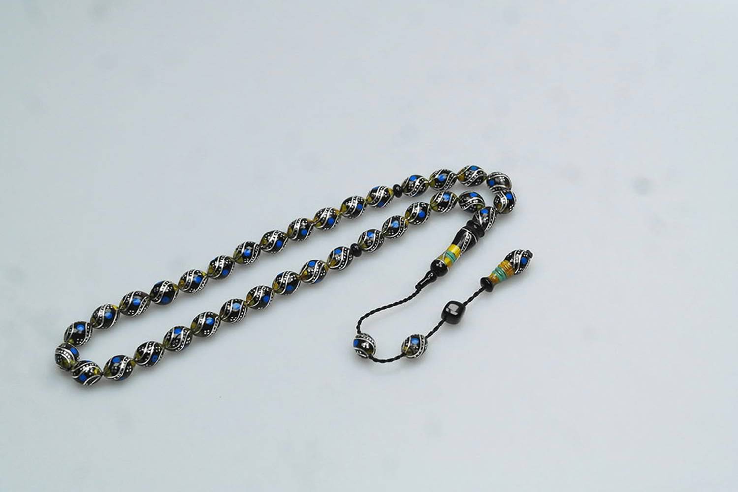 Oltu Taşı Ve Sarı Galalith  Çift Çeşmi Bülbül İşlemeli Tespih