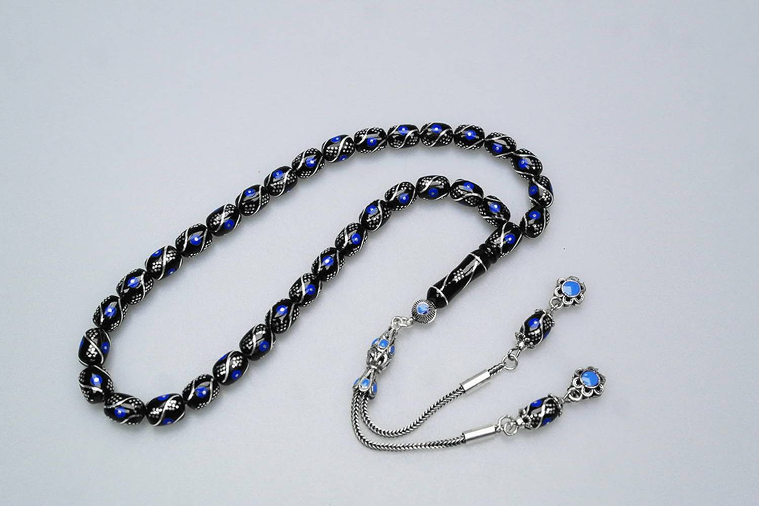 Oltu Taşı Üçlü Çeşmi Mavi İşleme Kapsül Tespih