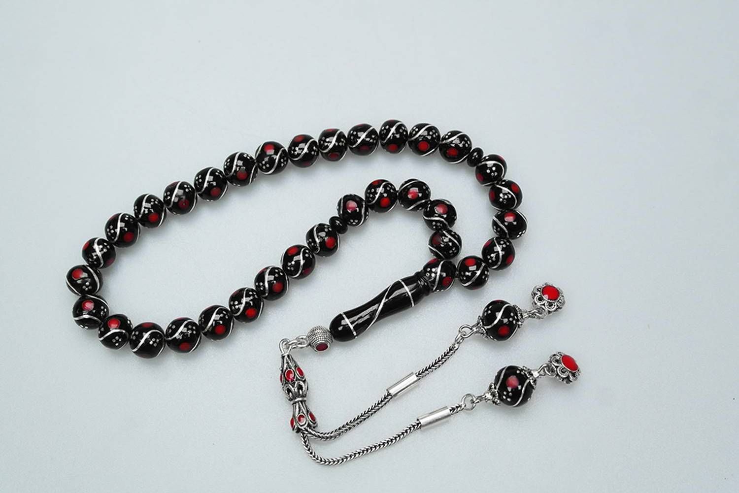  Oltu Taşı Üçlü Çeşmi Bülbül Kırmızı İşlemeli Tespih