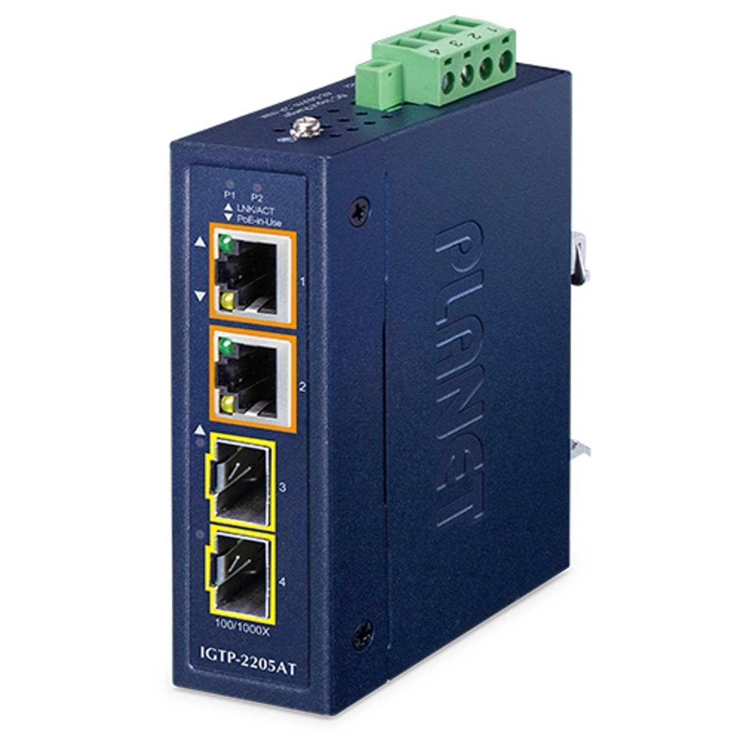 Compact Industrial 2-Port 100/1000X SFP to 2-Port 10/100/1000T 802.3at PoE+ Media Converter