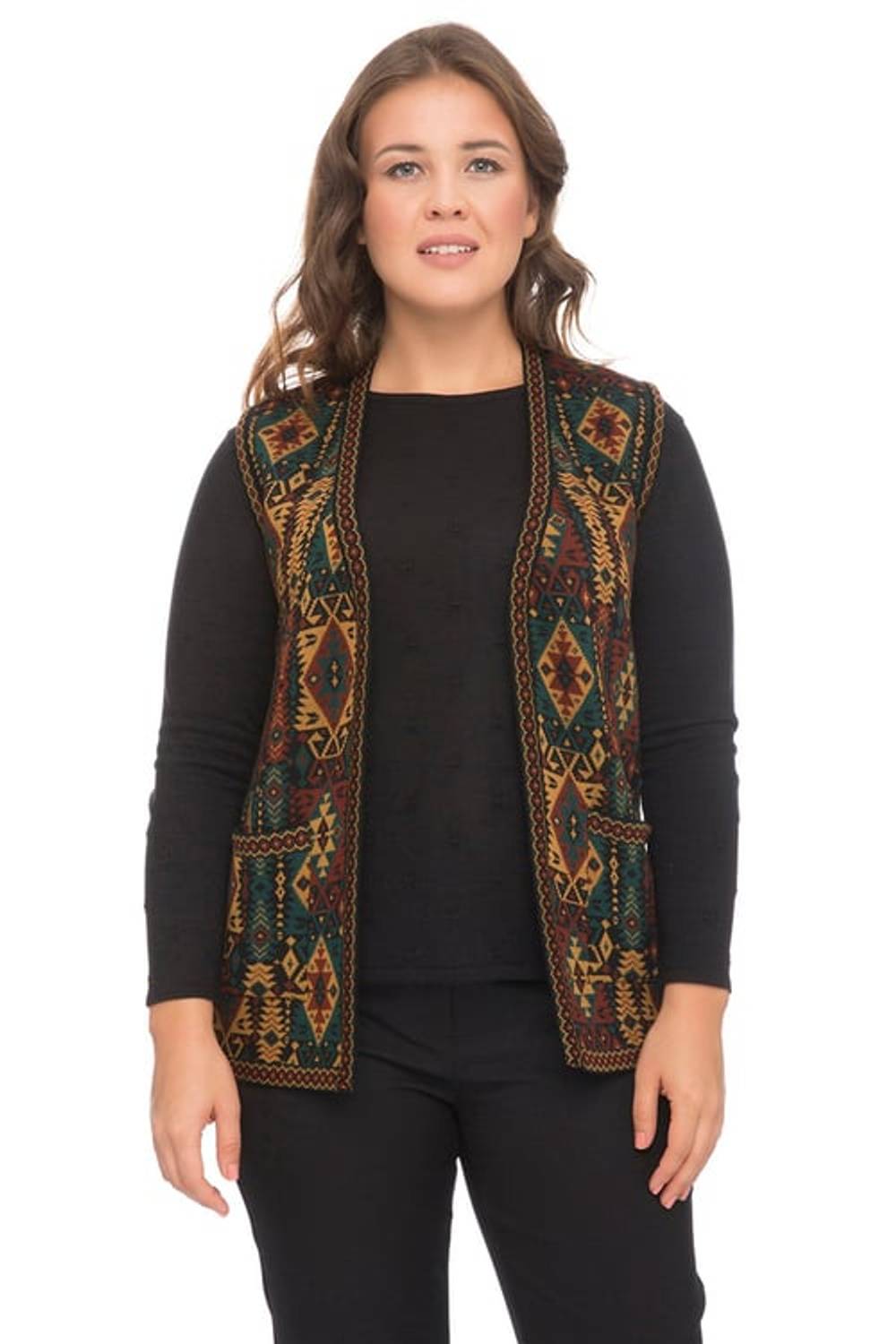 Women's Main Ethnic Patterned Kilim Vest with Pockets