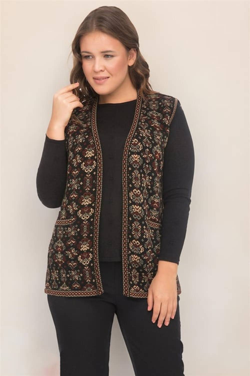 Women's Silver Floral Patterned Kilim Vest with Pockets