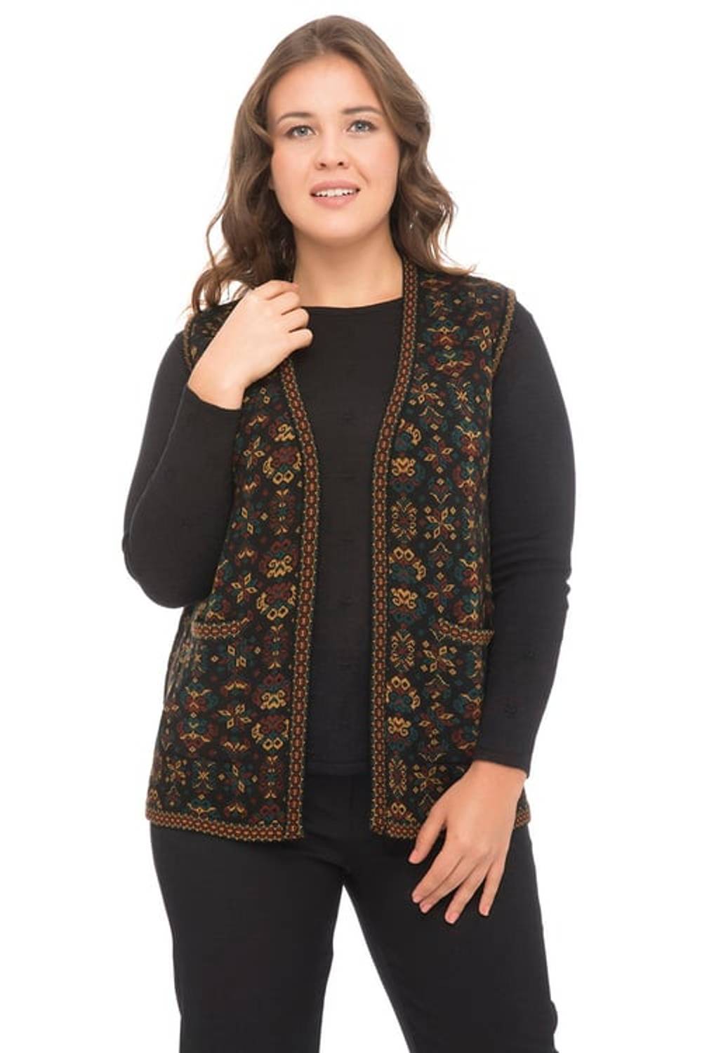Women's Main Floral Patterned Kilim Vest with Pockets