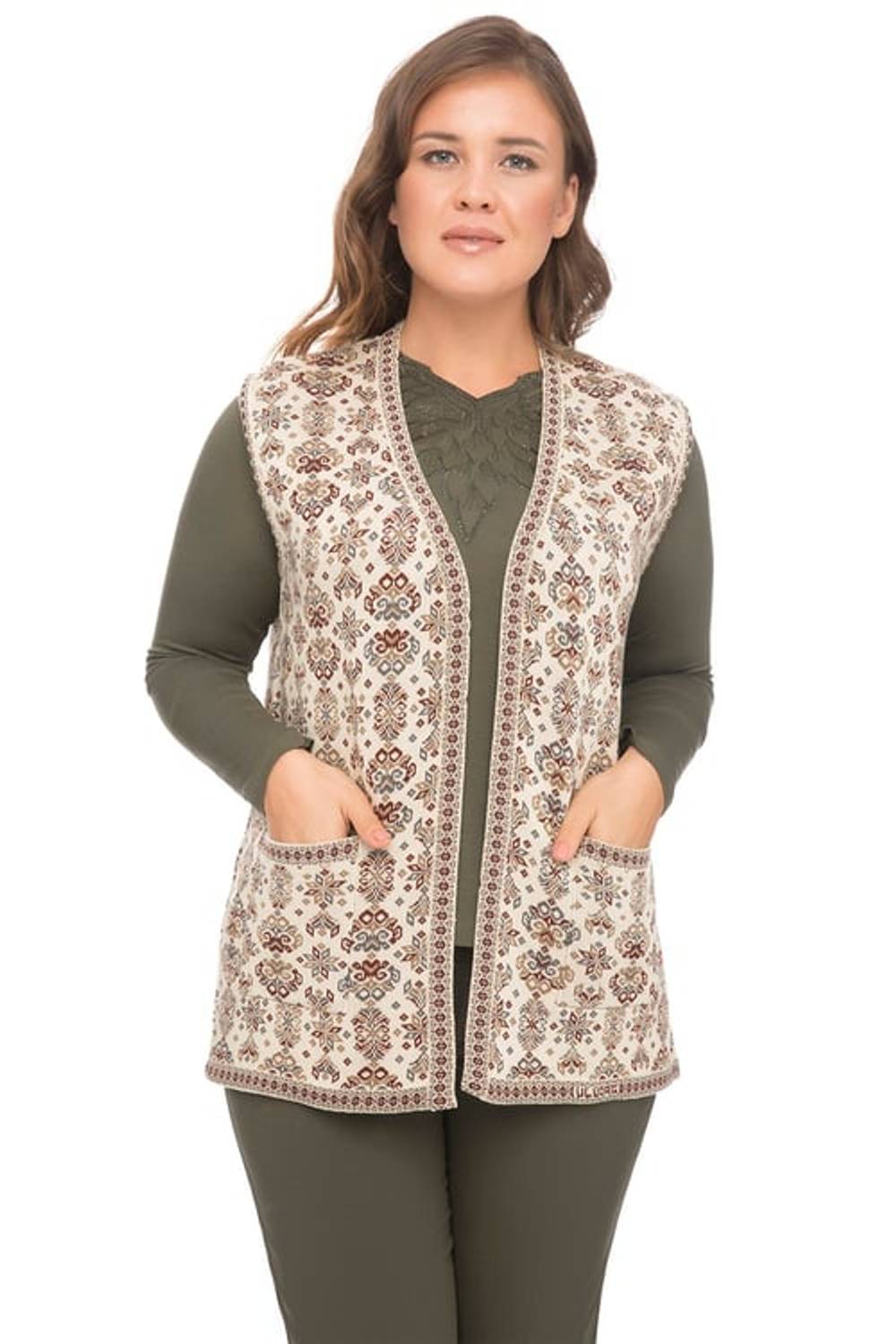 Women's Stone Flower Patterned Kilim Vest with Pockets