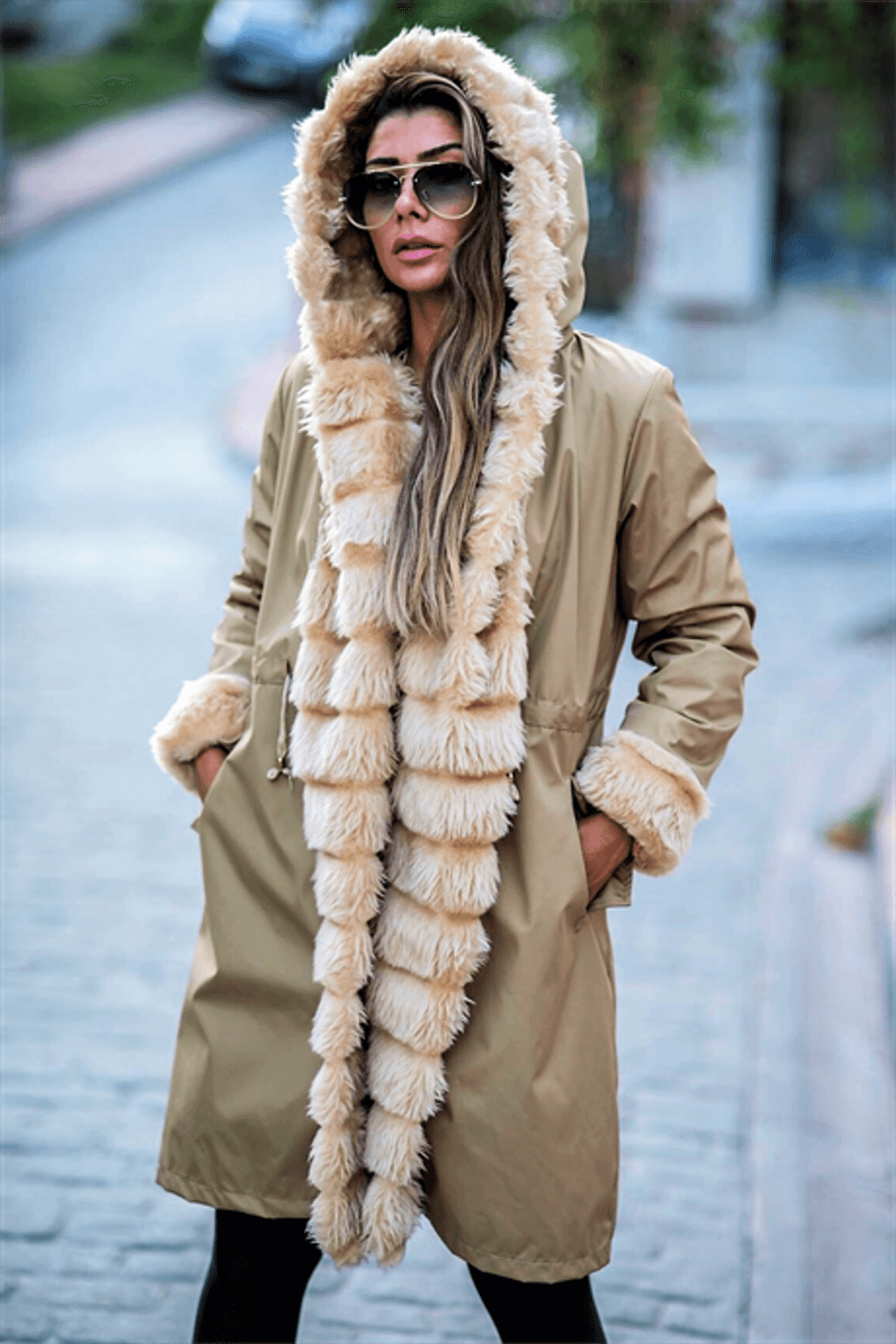 Markano Beige Waterproof Hooded Long Coat with Fur Inside