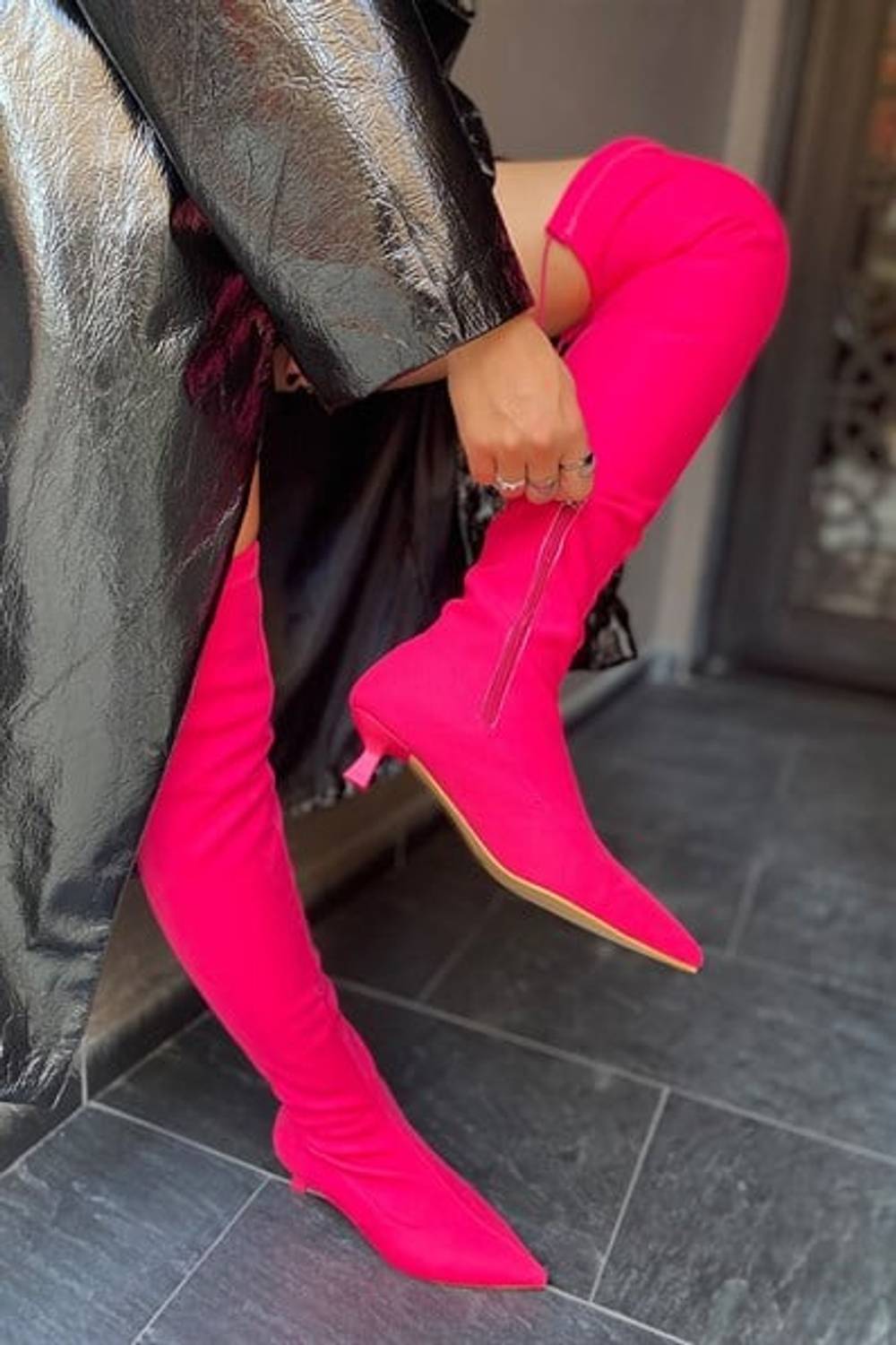 Belenda Fuşya Mat Streç Diz Üstü Kadın Topuklu Çizme