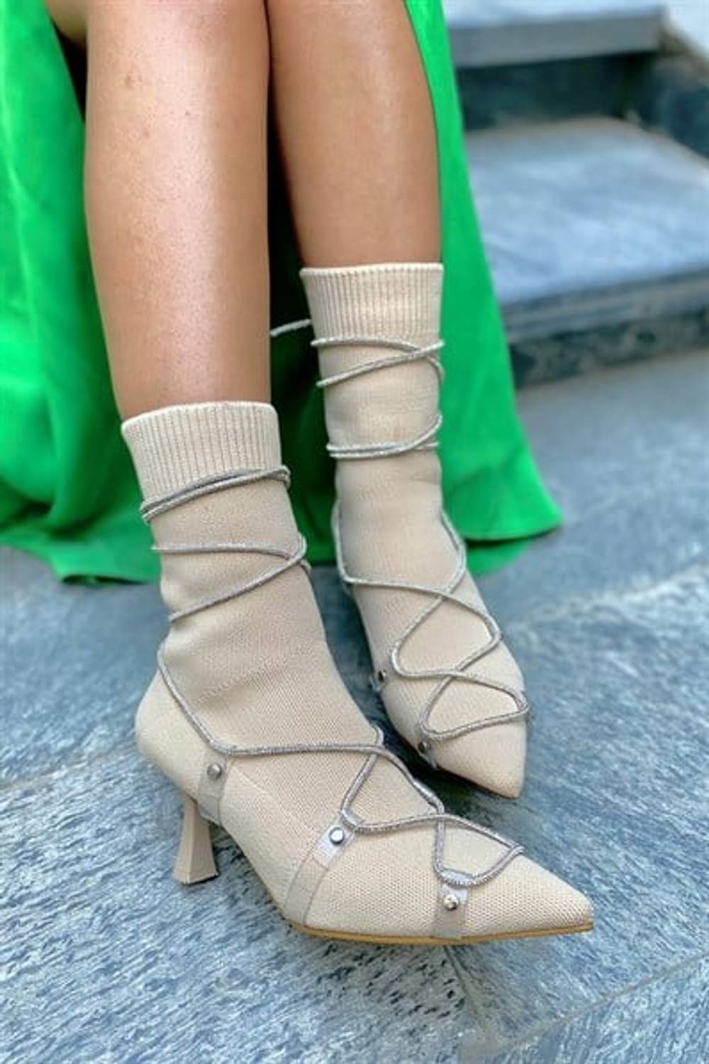 Vico Beige Knitwear Women's Heeled Boots