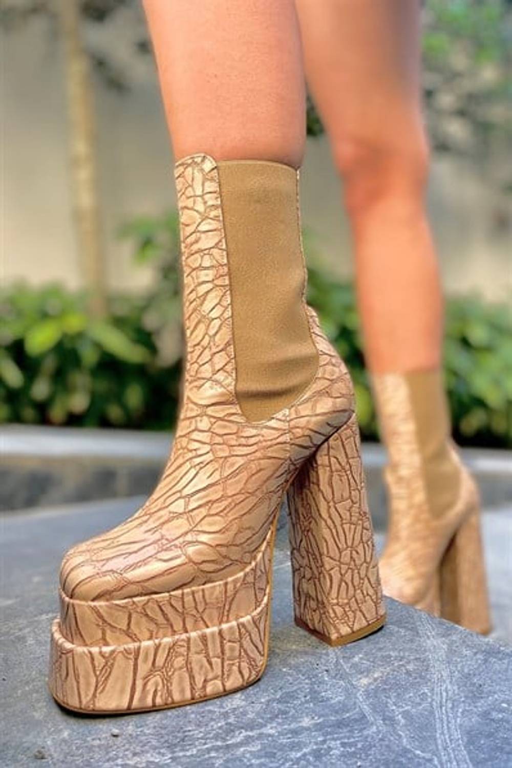 Regina Nude Snake Pattern Elastic Platform Heeled Boots