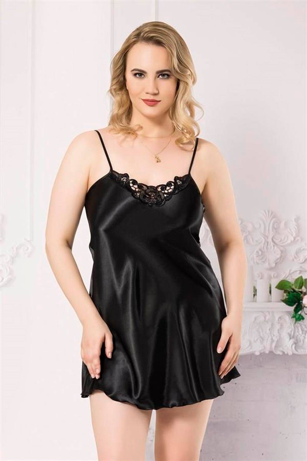 Markano Plus Size Black Short Satin Nightgown