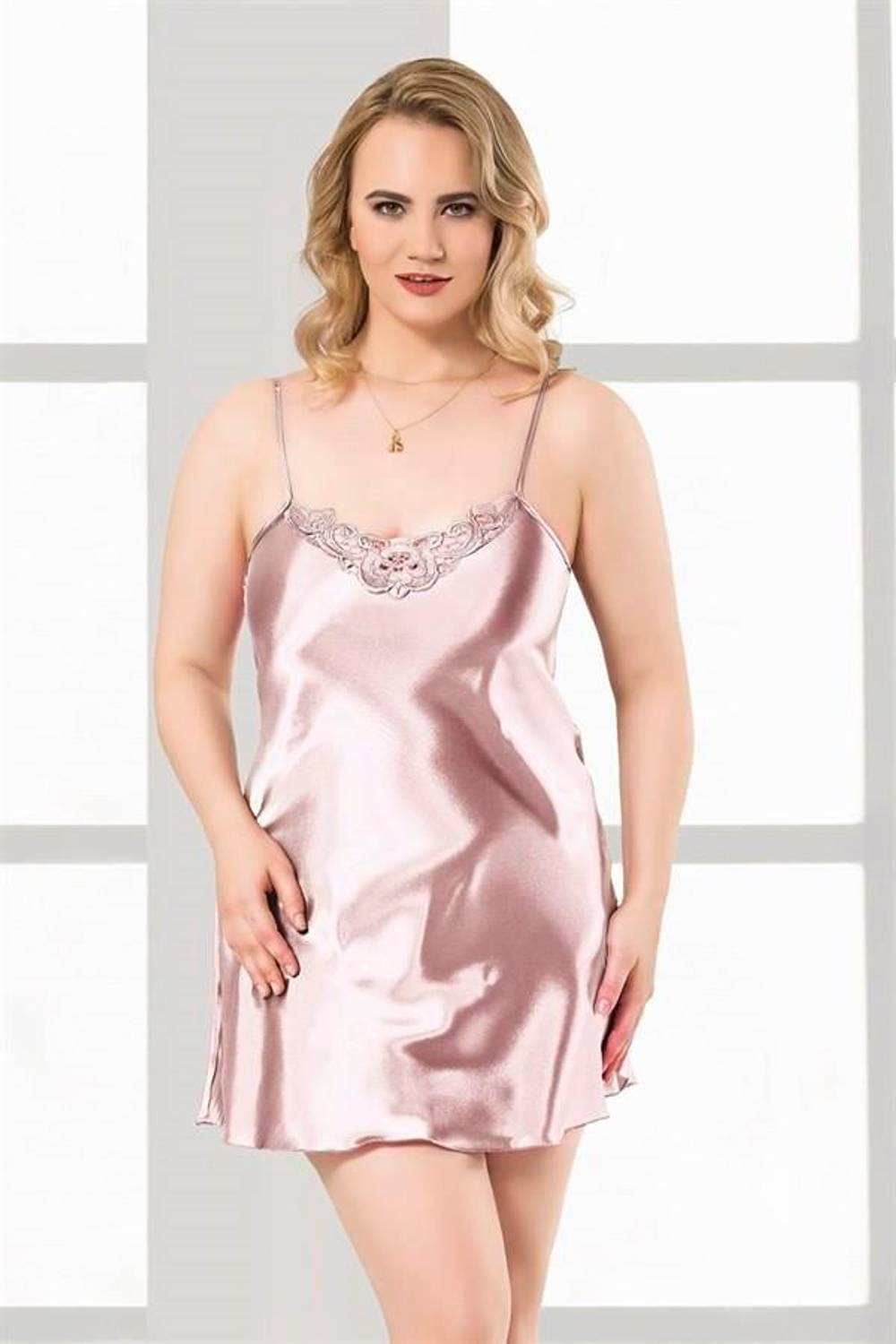 Markano Plus Size Salmon Short Satin Nightgown