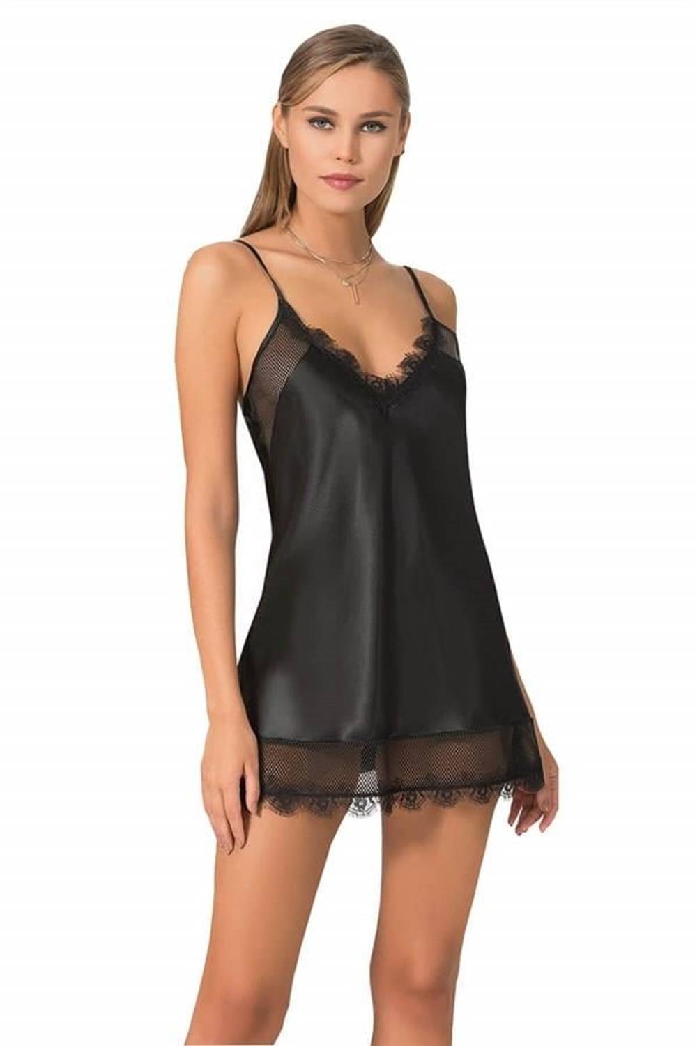 Markano Black Short Satin Nightgown