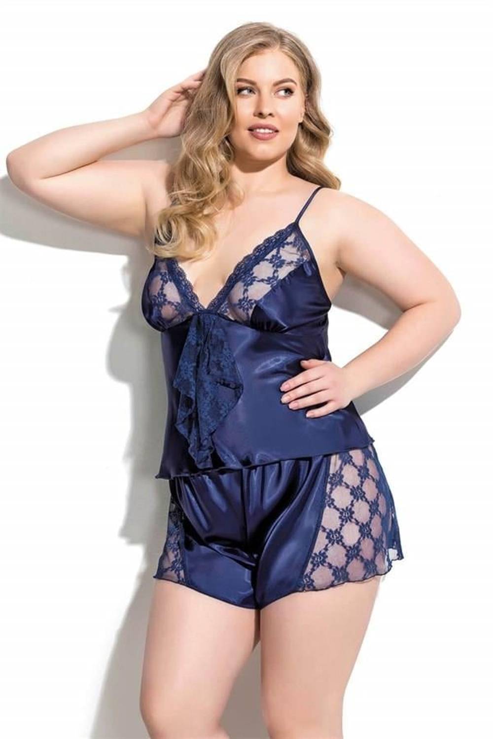 Markano  Büyük Beden Lacivert Saten Babydoll Şort Takımı