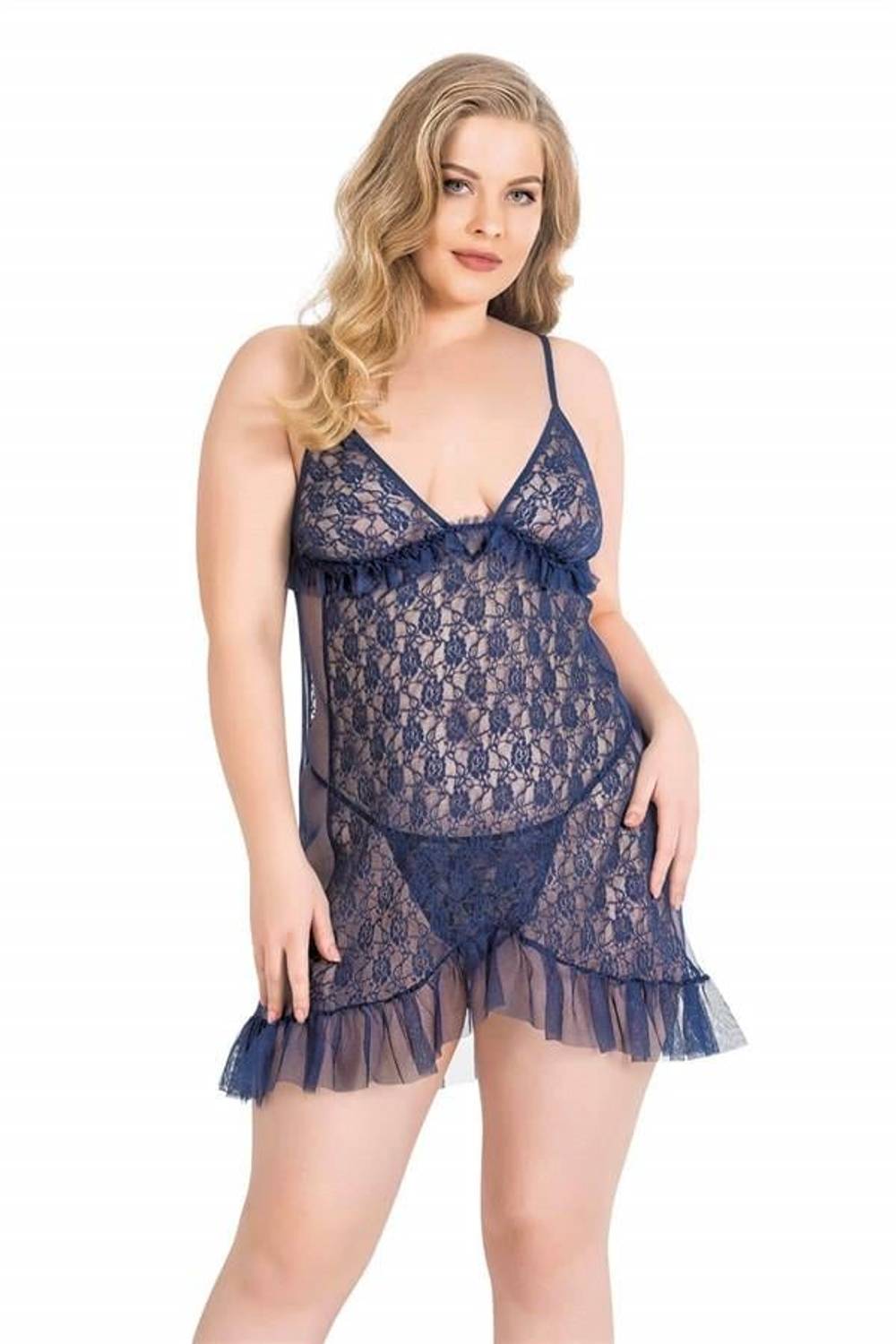 Markano Plus Size Navy Blue Short Tulle Nightgown