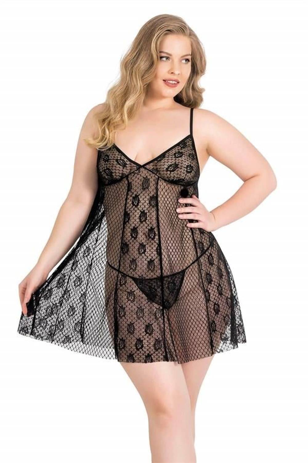 Markano Plus Size Black Short Tulle Nightgown