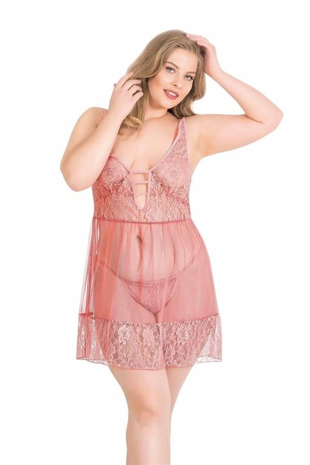 Markano Plus Size Coral Short Tulle Nightgown