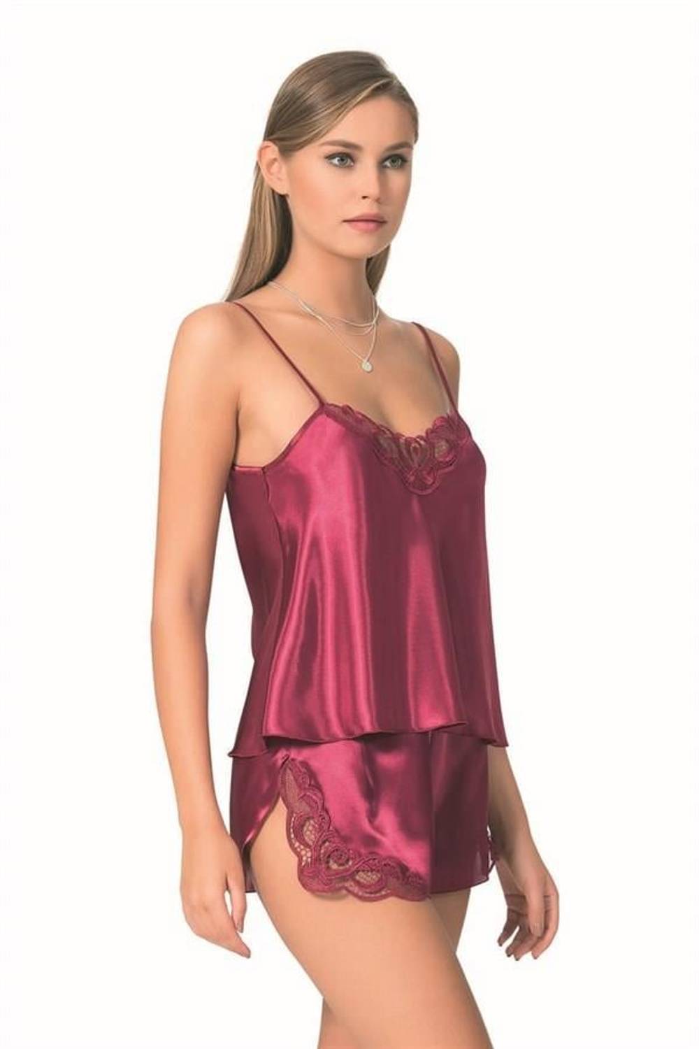 Markano Claret Red Satin Babydoll Shorts Set