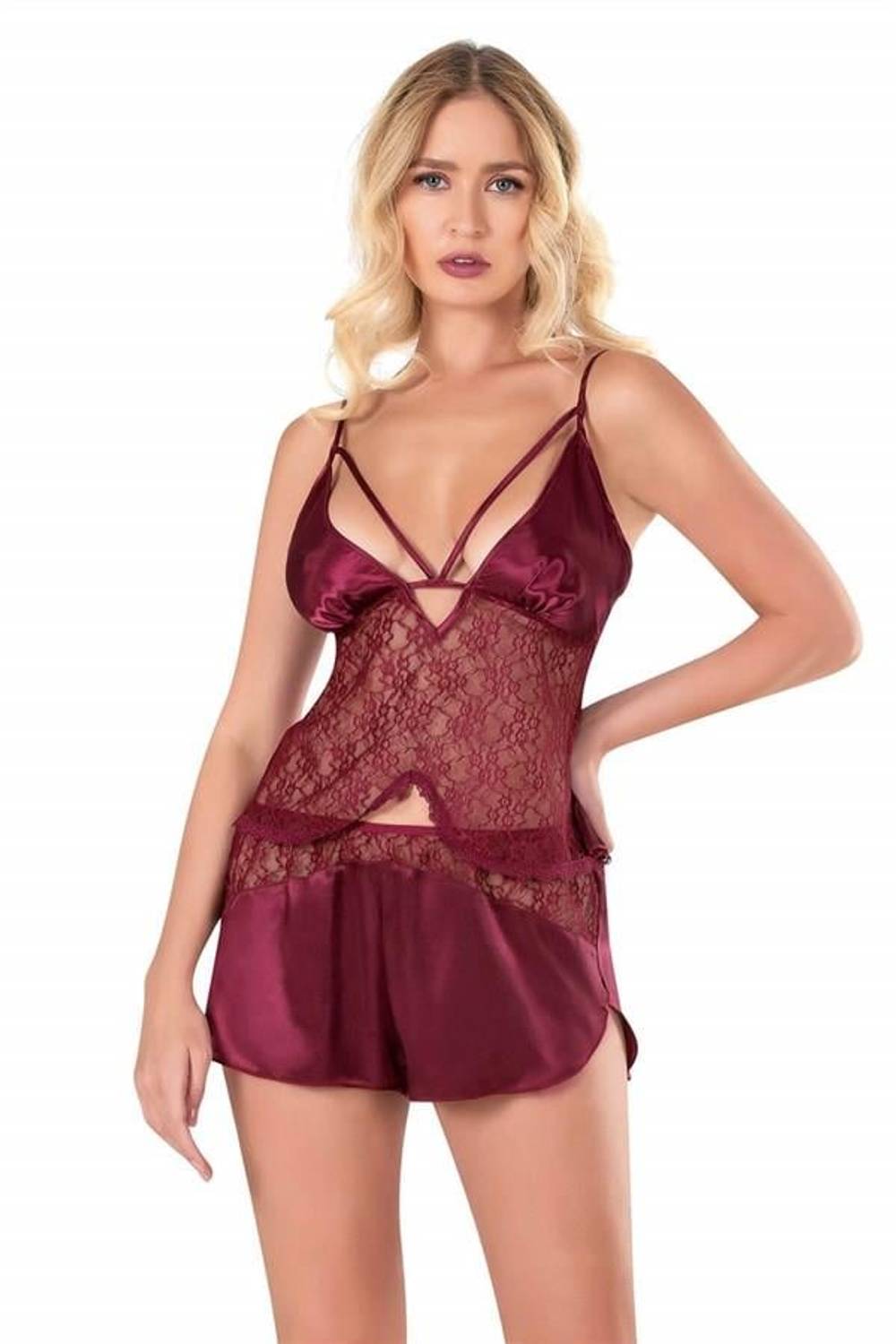 Markano  Bordo Saten Babydoll Şort Takımı