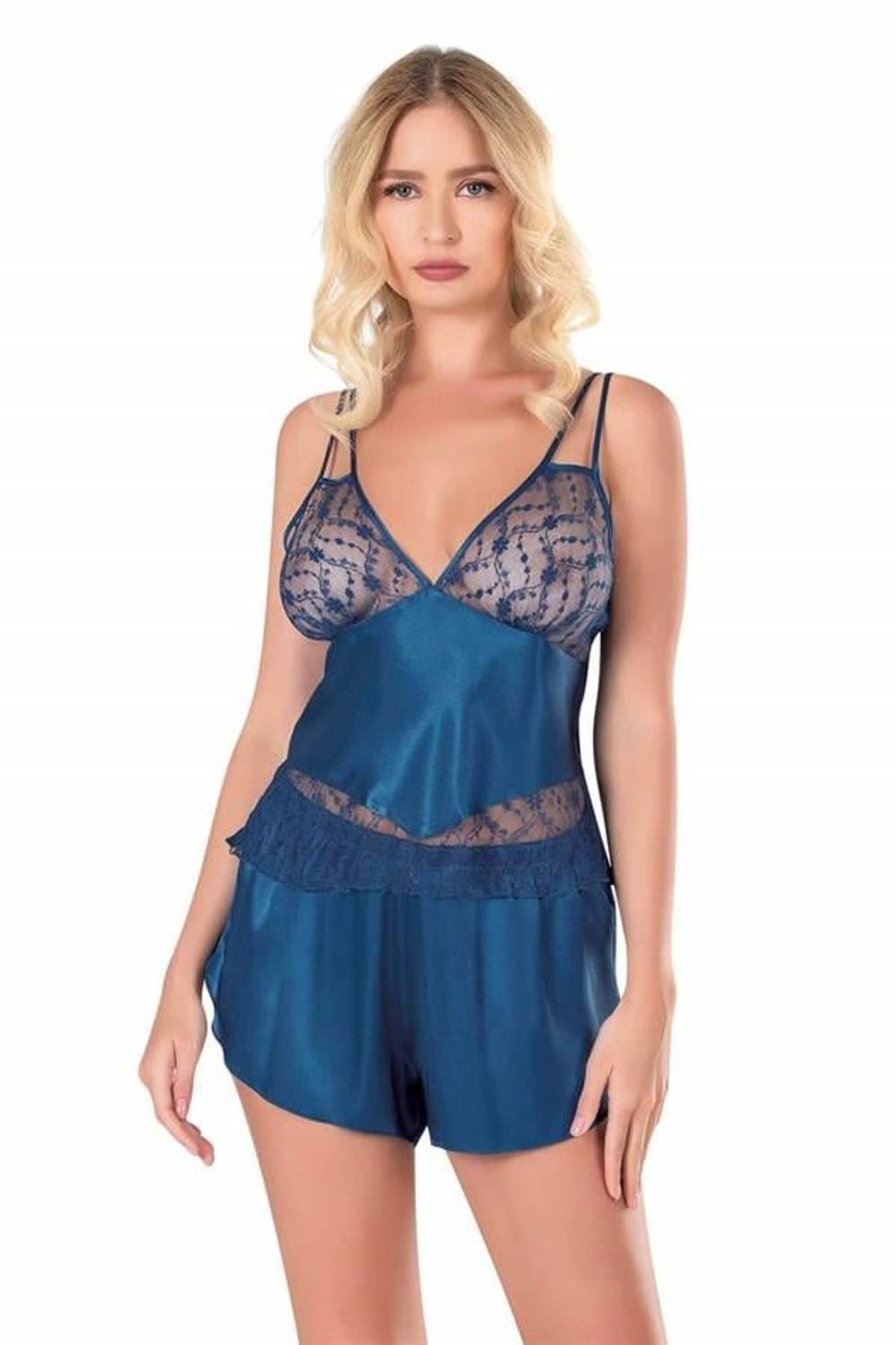Markano Petrol Blue Satin Babydoll Shorts Set