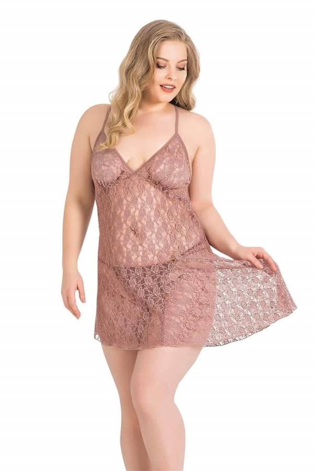 Коротка нічна сукня Markano великого розміру з тюлю кольору бежевий, 100% поліестер, без канцерогенних речовин, 2 частини в комплекті