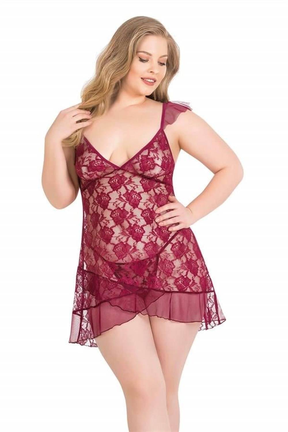 Markano Plus Size Claret Red Short Tulle Nightgown
