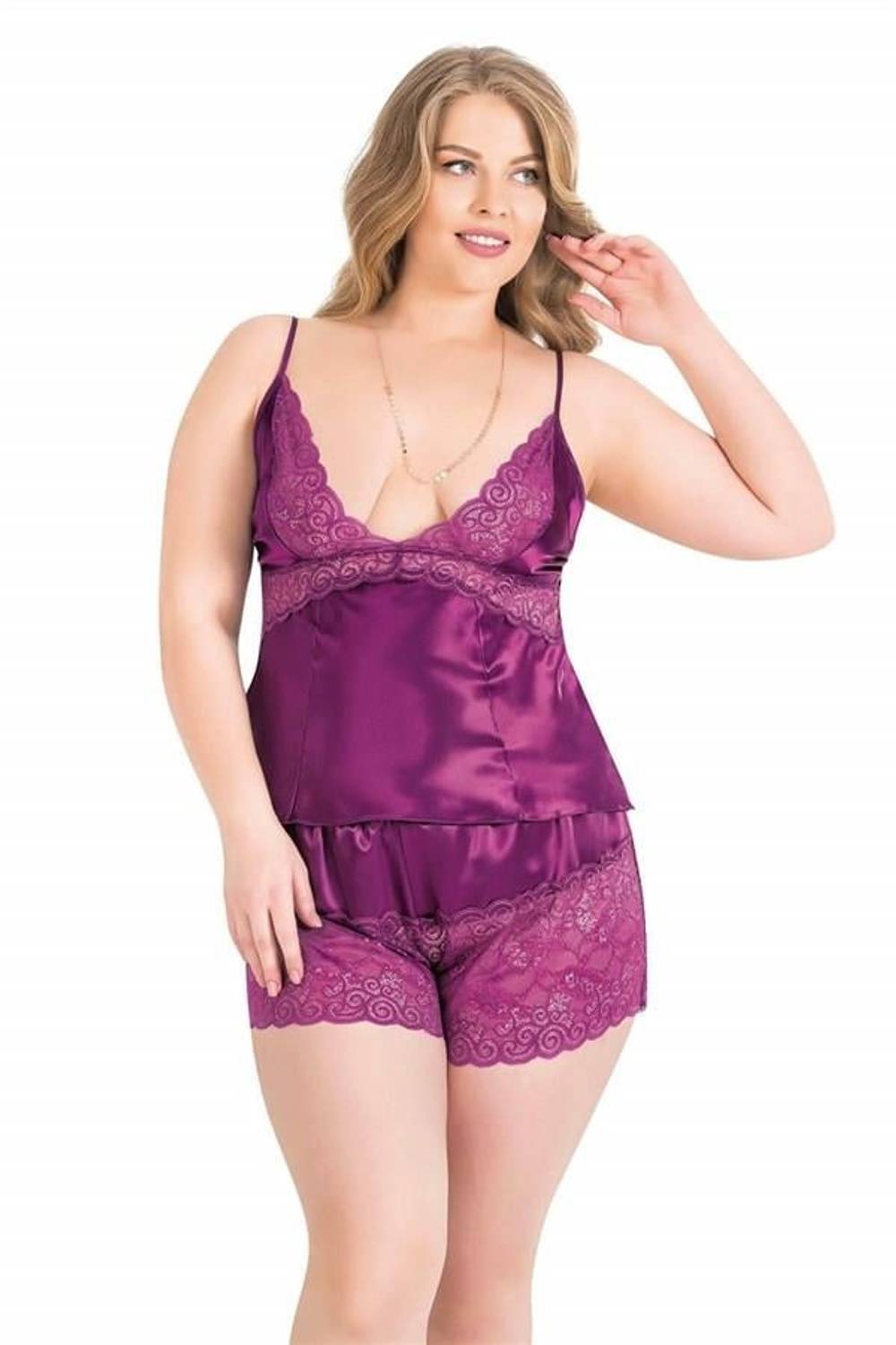 Markano Plus Size Purple Satin Babydoll Shorts Set