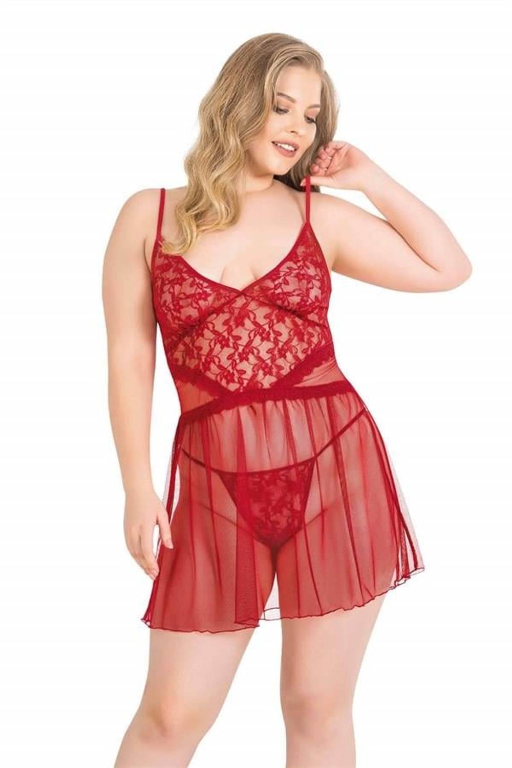 Markano Plus Size Red Short Tulle Nightgown