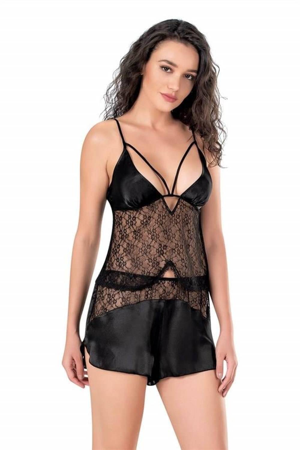 Markano  Siyah Saten Babydoll Şort Takımı