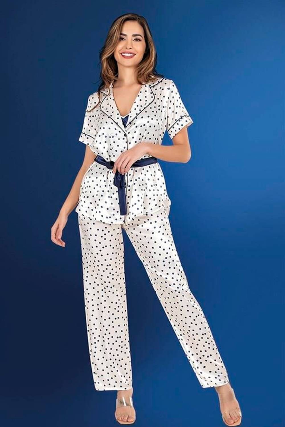 Markano Polka Dot Satin 3-Piece Ecru Pajamas Set