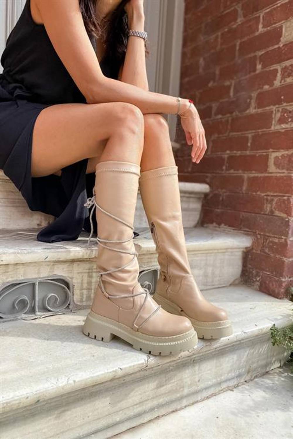 Coastal Bej Streç Taşlı Kadın Çizme