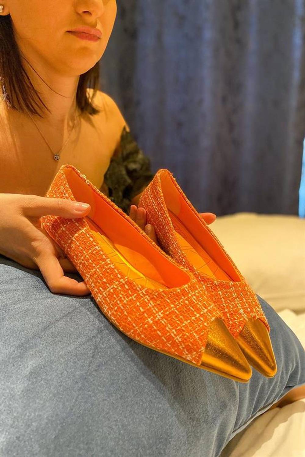 Carky Turuncu Tüvit Kumaş Kadın Babet