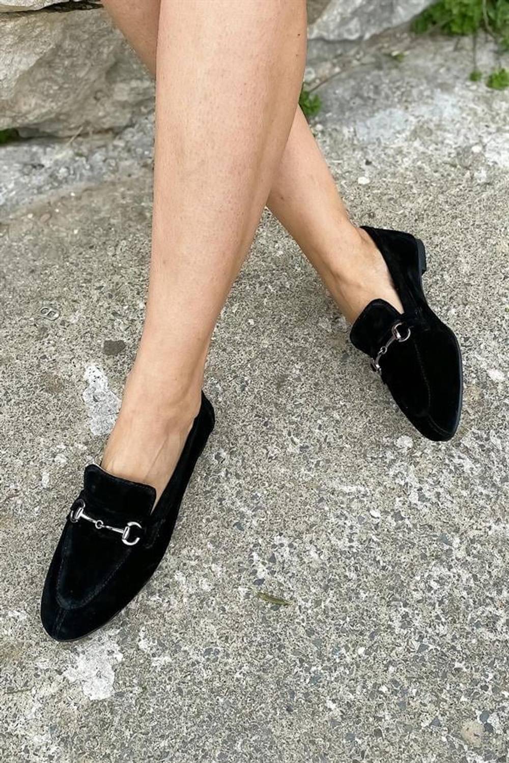 Strawberry Black Buckled Leather Women's Flats