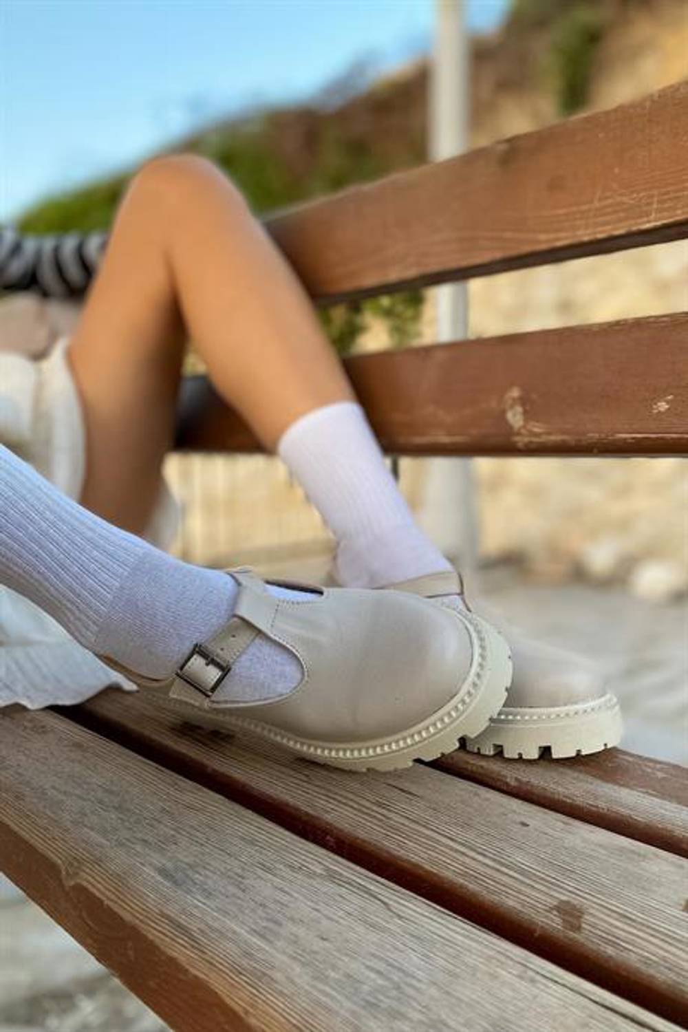 Gray Beige Skin Buckle Moccasin Women's Loafer Shoes