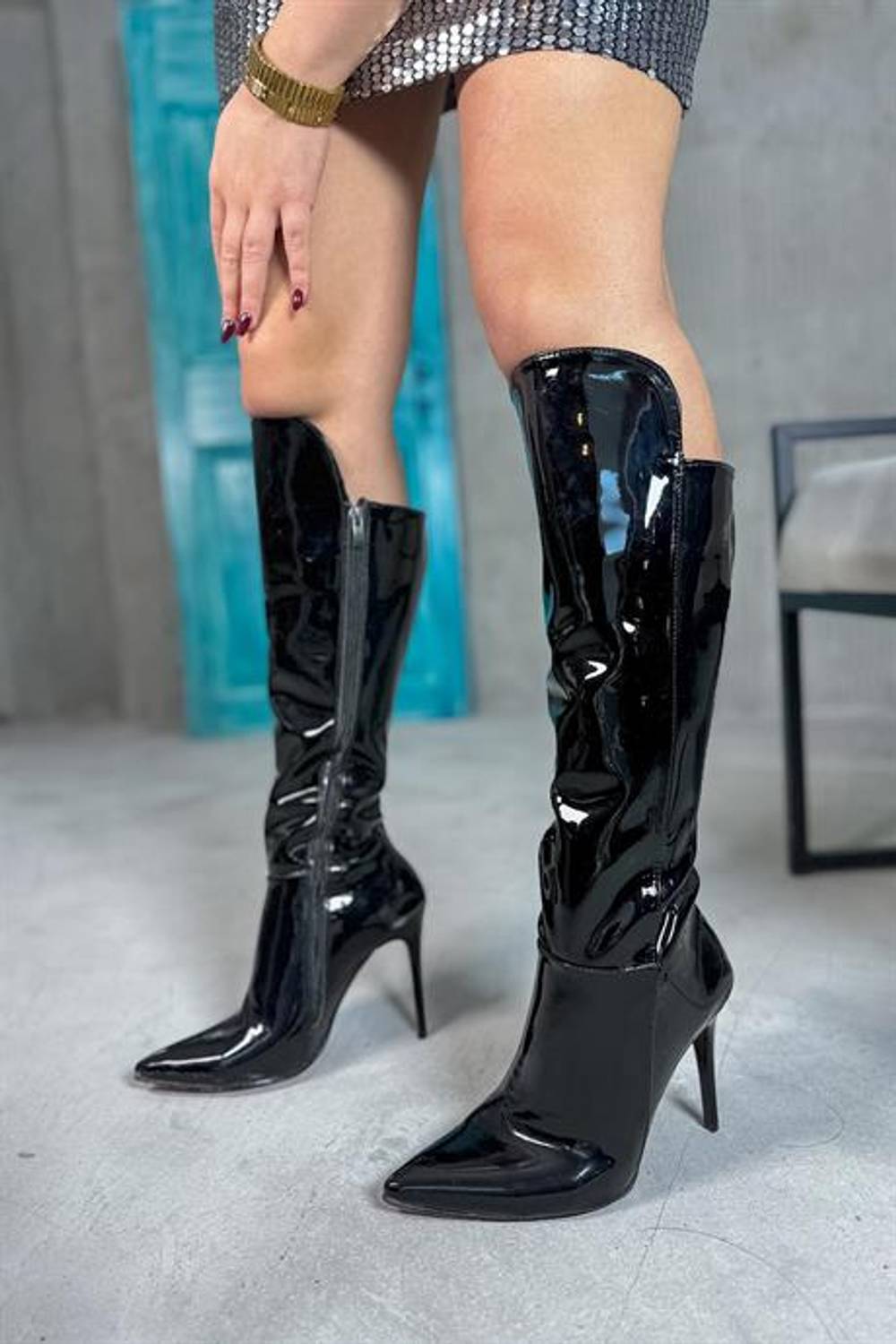 Beige Black Patent Leather Women's Heeled Boots